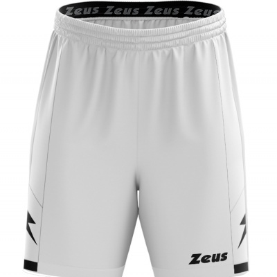 Calções desportivos brancos com detalhes pretos e texto Zeus