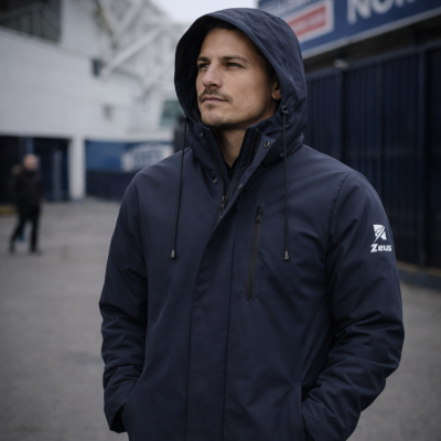 Homem a usar casaco azul escuro com capuz e logo Zeus na manga