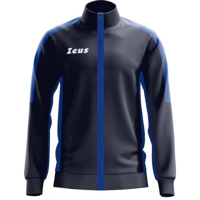 Casaco desportivo preto com fecho azul e texto Zeus branco