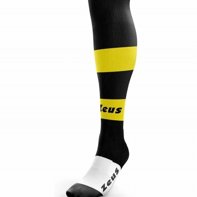 Meia desportiva preta, amarela e branca com texto 'Zeus'