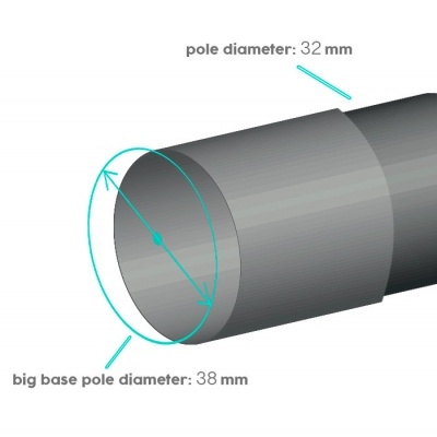 Tubo cilíndrico cinzento com diâmetros indicados de 32 mm e 38 mm