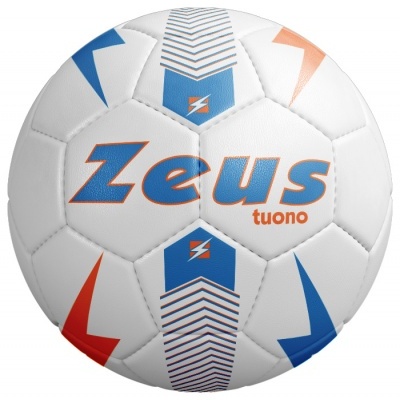 Bola de futebol branca com padrões azuis e laranja e texto Zeus tuono