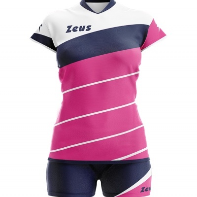 Fato desportivo feminino rosa, branco e azul escuro com texto Zeus
