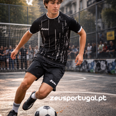 Jovem em campo de futebol de rua com conjunto desportivo preto da marca ZEUS