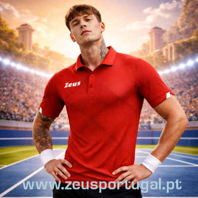Polo desportivo vermelho com padrão xadrez e logótipo Zeus