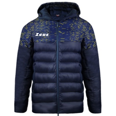 Casaco acolchoado azul escuro com capuz, padrão amarelo e texto Zeus branco