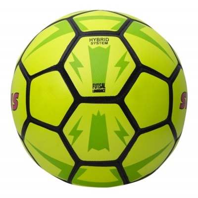 bola de futsal amarelo-neon com texto HYBRID SYSTEM e FUTSAL
