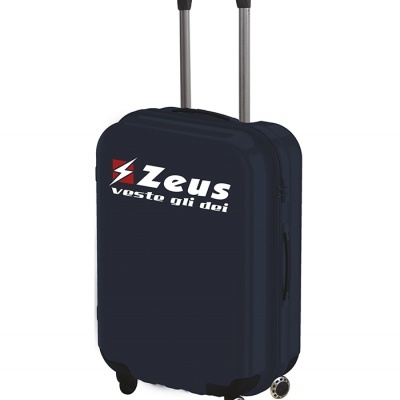 Mala de viagem preta com rodas e pega telescópica, texto Zeus voste gli dei
