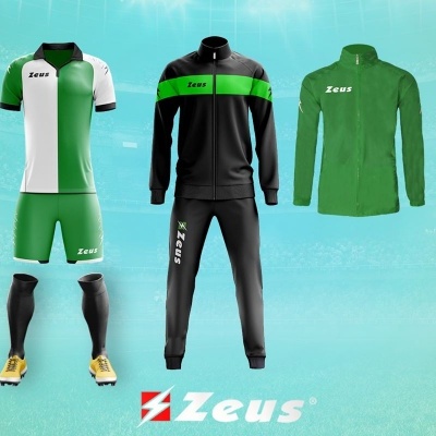 Conjunto desportivo verde, branco e preto com marca Zeus em fundo azul