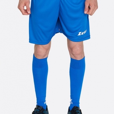 Calções desportivos azuis com logo Zeus, meias azuis e ténis pretos