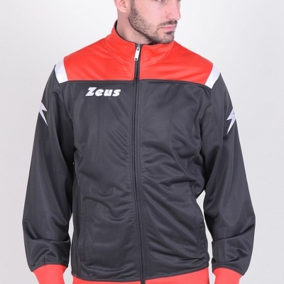 Fato de treino preto com detalhes vermelhos e brancos e logotipo Zeus