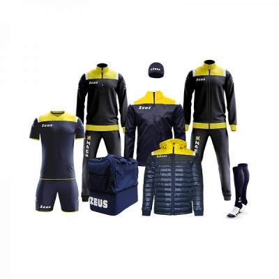 Conjunto de roupa desportiva azul escuro e amarelo com logotipo ZEUS