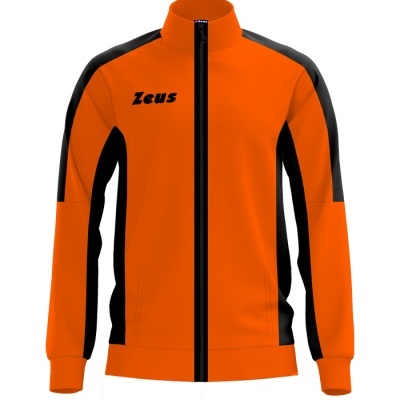 Casaco desportivo laranja e preto com fecho zip e texto Zeus