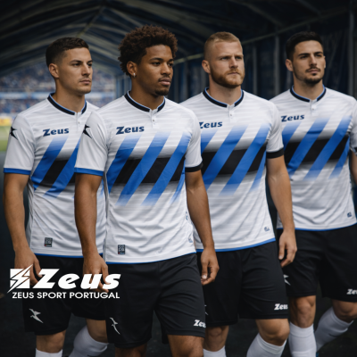 Jogadores com camisolas de futebol brancas e azuis da Zeus a entrar em campo