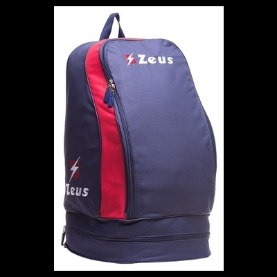 Mochila azul escura e vermelha com texto Zeus e símbolo de relâmpago