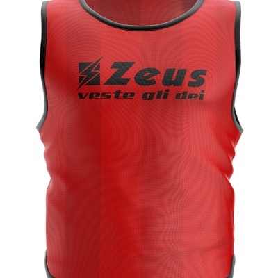 Colete desportivo vermelho com texto preto 'Zeus vesto gli dei'