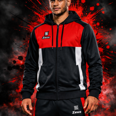 Conjunto desportivo preto com detalhes em vermelho e branco e logo Zeus.