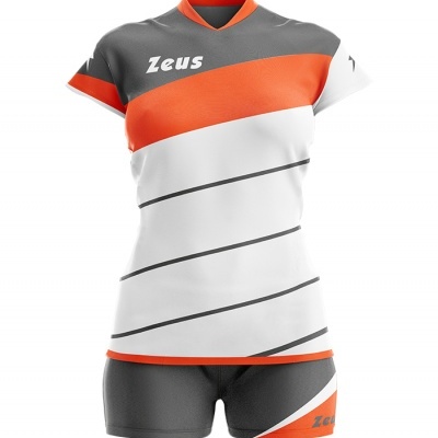 Conjunto desportivo feminino cinza, branco e laranja com texto Zeus