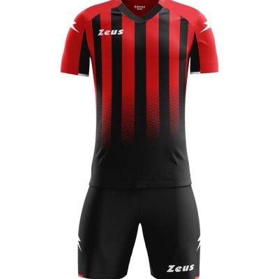 Conjunto de roupa desportiva vermelha e preta com texto Zeus