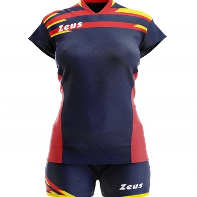 Conjunto desportivo feminino azul, vermelho e amarelo com texto Zeus