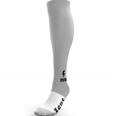 Meia desportiva comprida cinzento claro e branco com texto Zeus e símbolo de raio