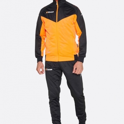 Conjunto desportivo masculino laranja e preto com logótipo Zeus