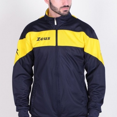 Casaco desportivo preto e amarelo com fecho e texto Zeus no peito