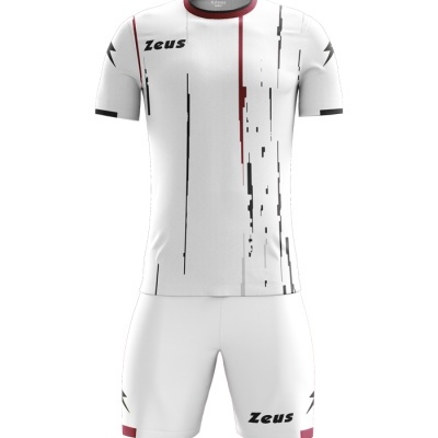 Equipamento desportivo branco com detalhes pretos e bordô e escrita ZEUS