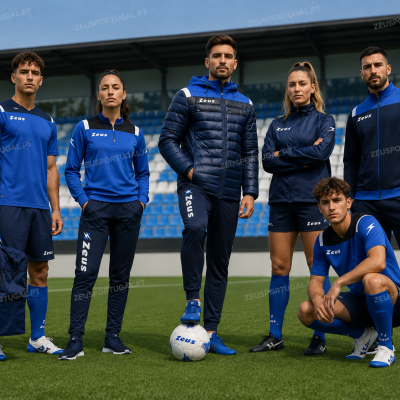 Modelos com roupa desportiva azul e preta Zeus num campo de futebol