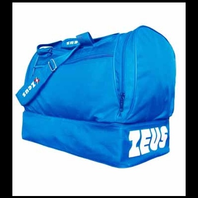 Mala desportiva azul com alça e texto branco ZEUS