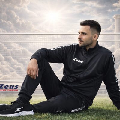 Homem sentado com fato desportivo preto e sapatilhas negras com símbolo branco num campo de futebol com baliza e colunas clássicas ao fundo