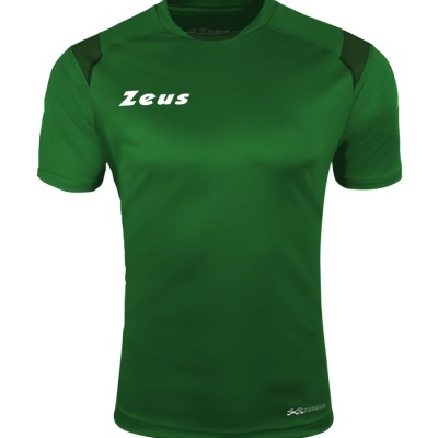 Camisola desportiva verde com detalhes pretos e texto Zeus