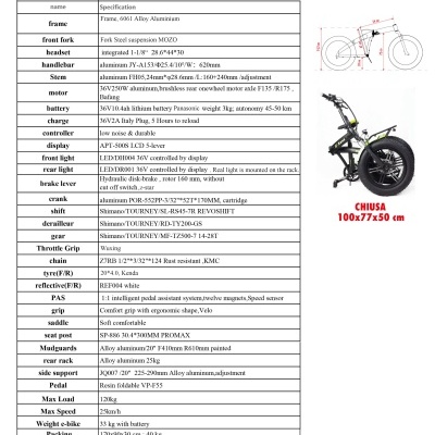 Tabela de especificações técnicas da bicicleta elétrica E-Bike Zeus