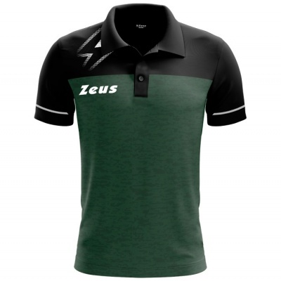 Polo bicolor preto e verde escuro com gola e botões, detalhe branco e texto Zeus