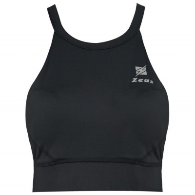 Top desportivo feminino preto com logótipo Zeus branco