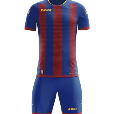 Conjunto desportivo azul e vermelho com logótipo Zeus amarelo