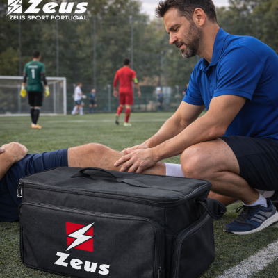 Mala preta Zeus em campo de futebol com fisioterapeuta a tratar jogador