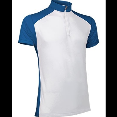 Camisola desportiva de manga curta branca e azul com fecho de correr no peito