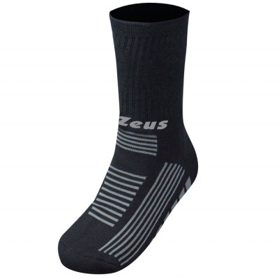 Meia desportiva preta com texto 'Zeus' e padrões cinzentos