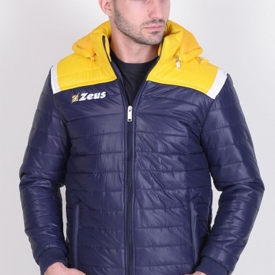 Casaco acolchoado azul escuro e amarelo com capuz e logótipo Zeus