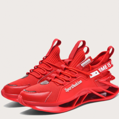 Ténis de desporto vermelhos com design futurista e detalhes em branco.