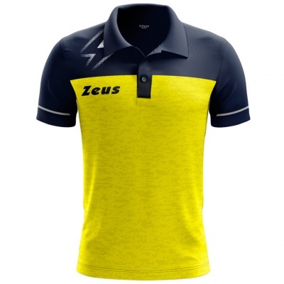 Polo amarelo e azul escuro com texto Zeus