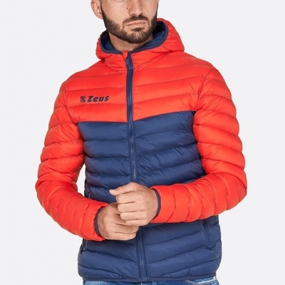 Casaco acolchoado laranja e azul com capuz e fecho frontal