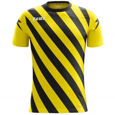 T-shirt desportiva amarela com riscas diagonais pretas e logo Zeus