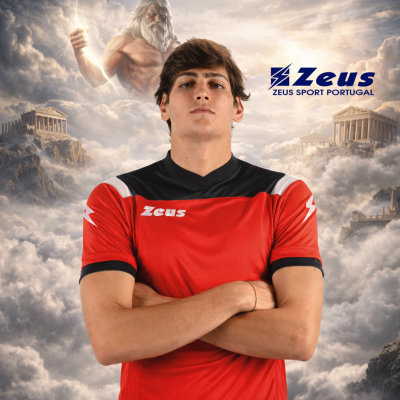 Homem com camisola desportiva vermelha Zeus, fundo mitológico com Zeus e templos gregos