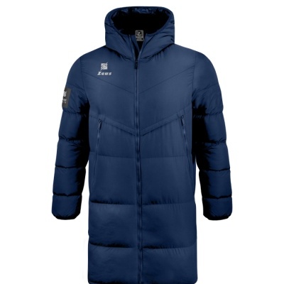 Casaco azul escuro acolchoado comprido com capuz e fecho zipper