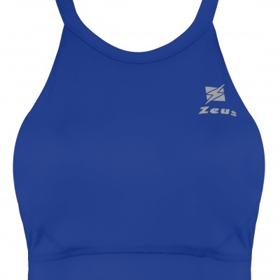 Top desportivo azul com logotipo Zeus cinzento no peito
