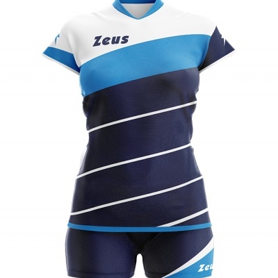 Conjunto desportivo feminino azul e branco com texto Zeus