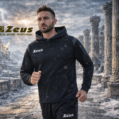 Homem de fato de treino preto Zeus em ruínas antigas com neve