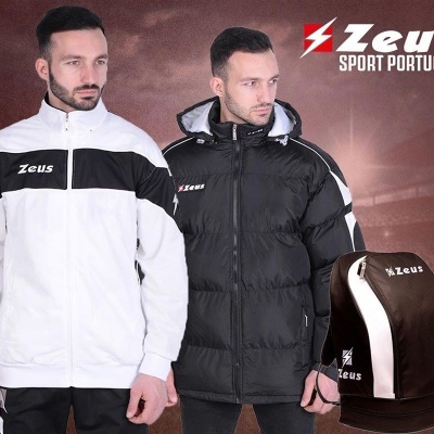 Dois casacos esportivos Zeus, branco e preto, e mochila preta/branca Zeus
